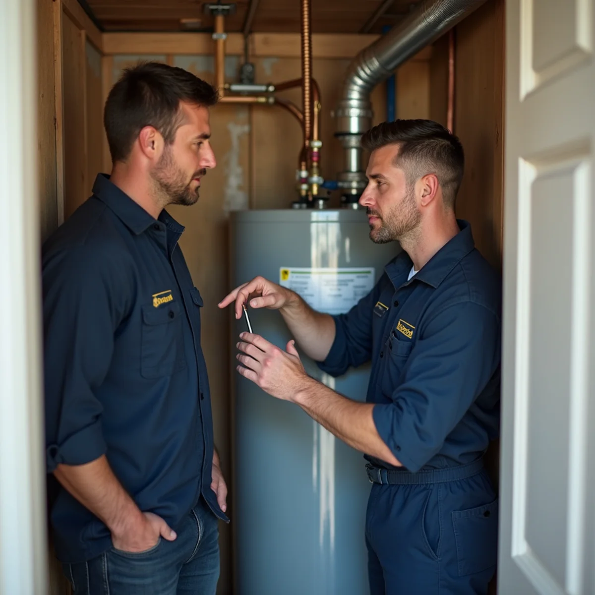 Plumber explaining a water heater to a homeowner in Lake in the Hills, Illinois
