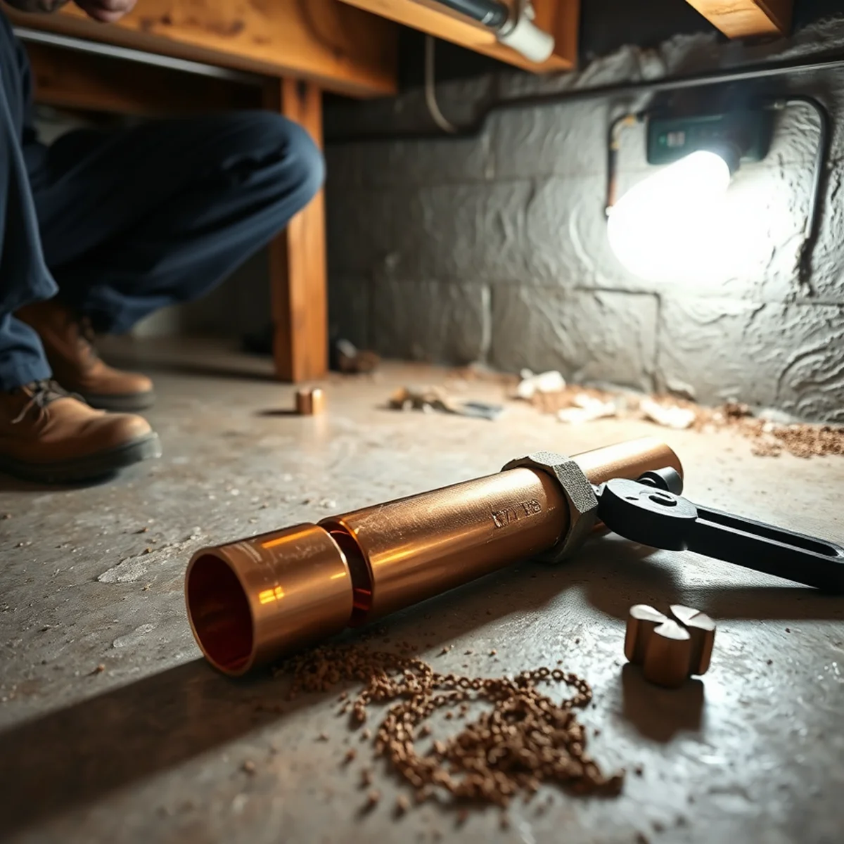 Plumber repairing a copper supply line that split from freezing in a Lake in the Hills home