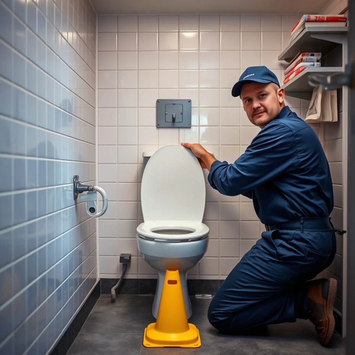 Plumber servicing commercial restroom plumbing at a small business in Lake in the Hills, Illinois