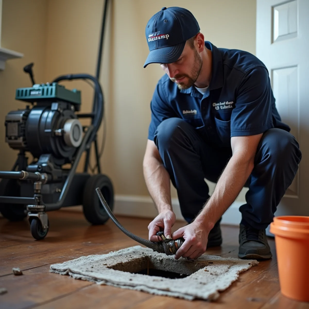 Plumber cabling a clogged kitchen drain line in a Lake in the Hills home