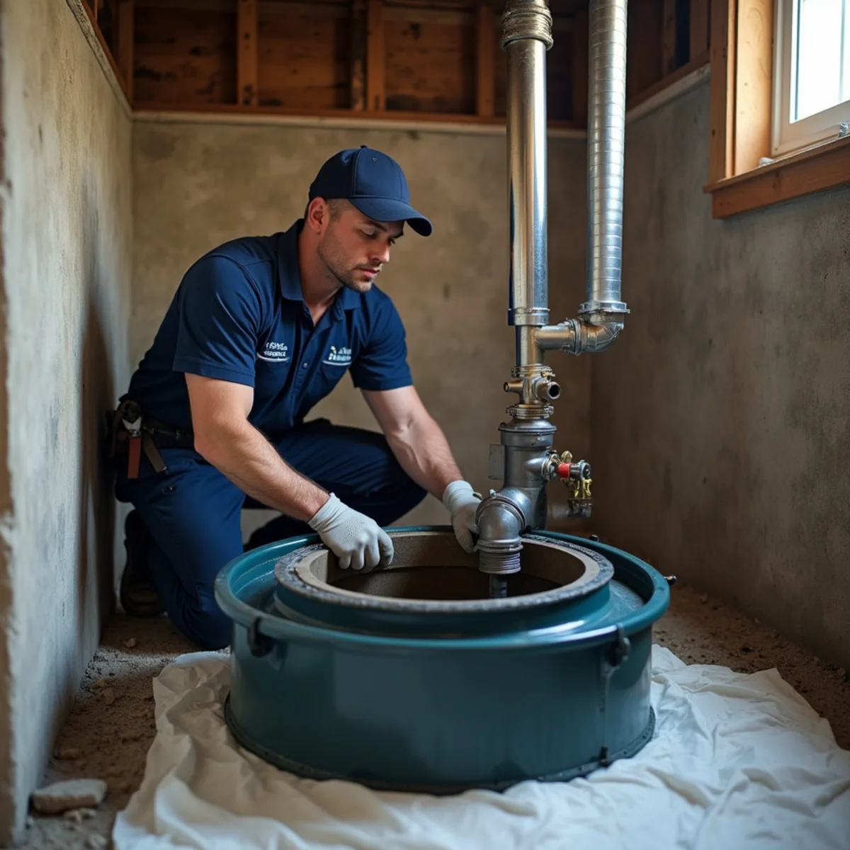 Sewage ejector pump and sealed basin being serviced in a Lake in the Hills basement