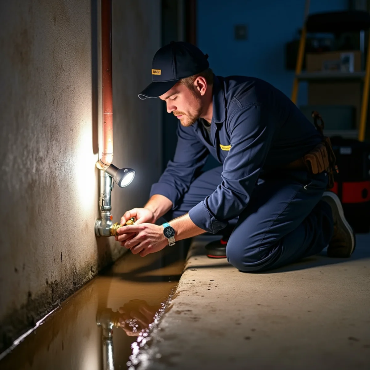 Emergency plumber shutting off a burst water line in a Lake in the Hills basement at night
