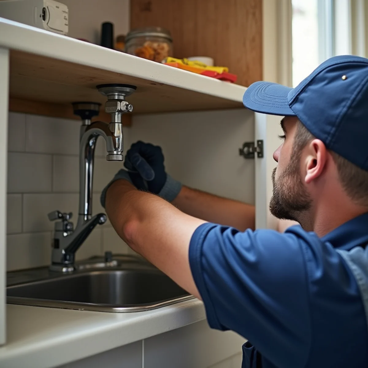 Plumber installing a new kitchen faucet in a Lake in the Hills home