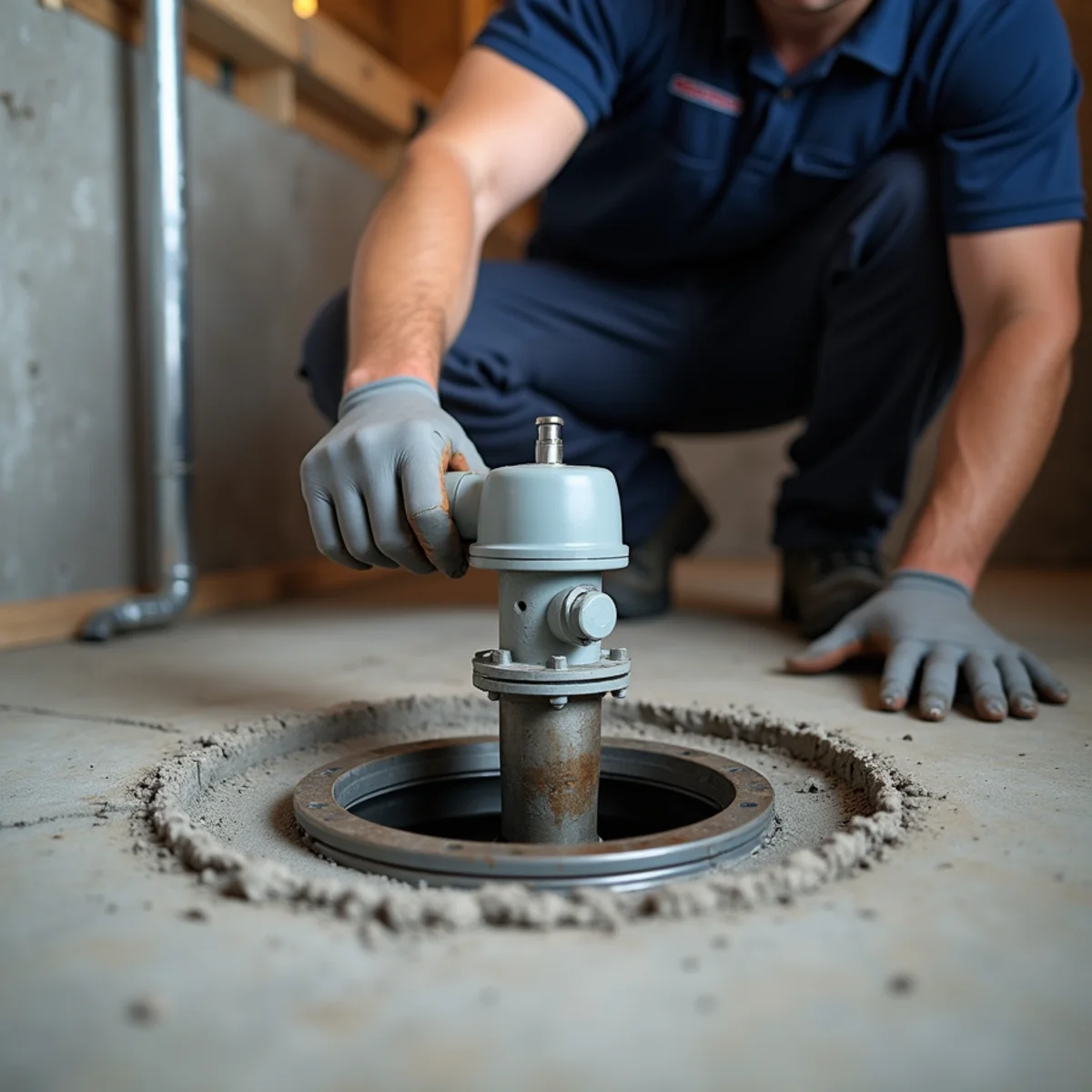 Backwater valve installed in a basement floor as part of a flood control system in Lake in the Hills