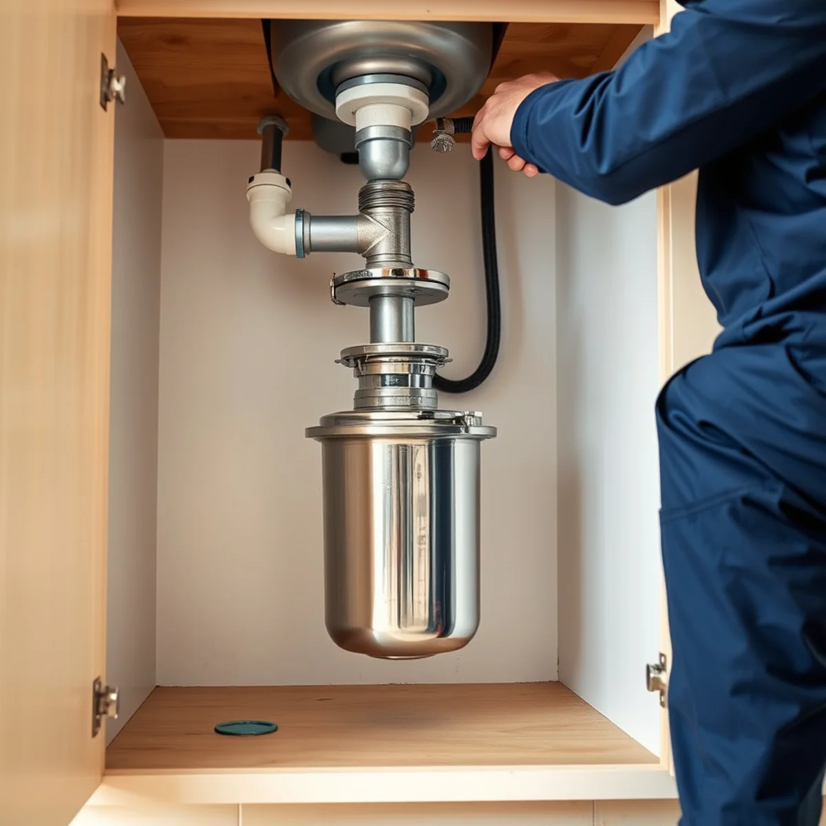 Plumber installing a new garbage disposal under a kitchen sink in Lake in the Hills