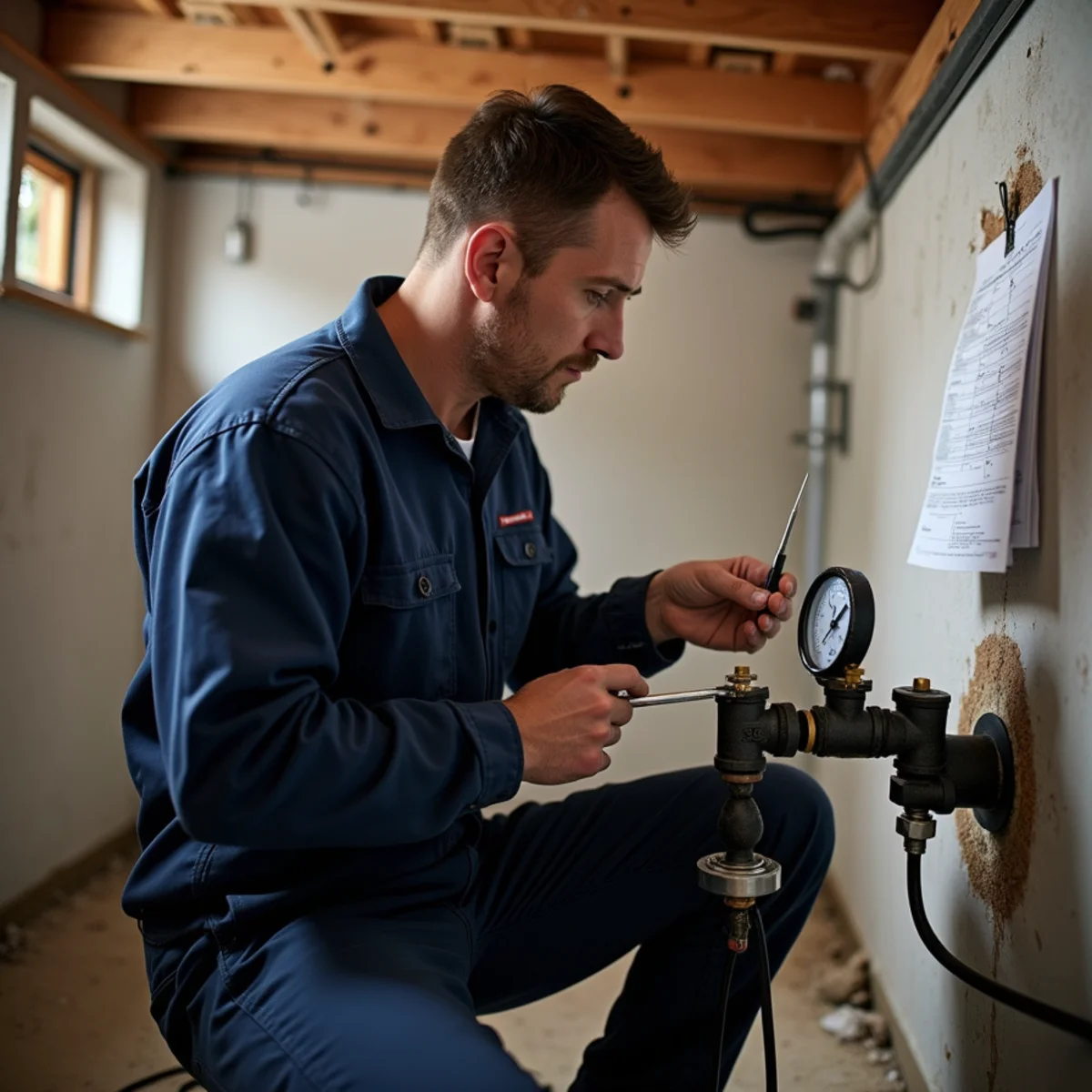 Licensed plumber pressure testing a newly installed natural gas line in a Lake in the Hills home