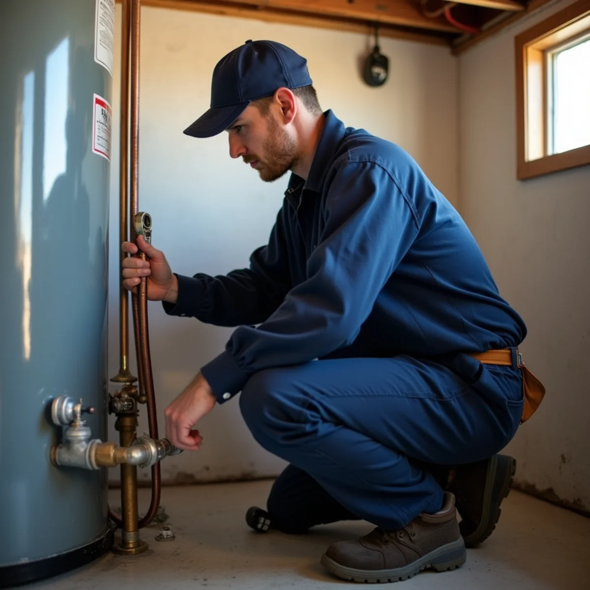 Licensed plumber servicing a water heater in a Lake in the Hills, Illinois home