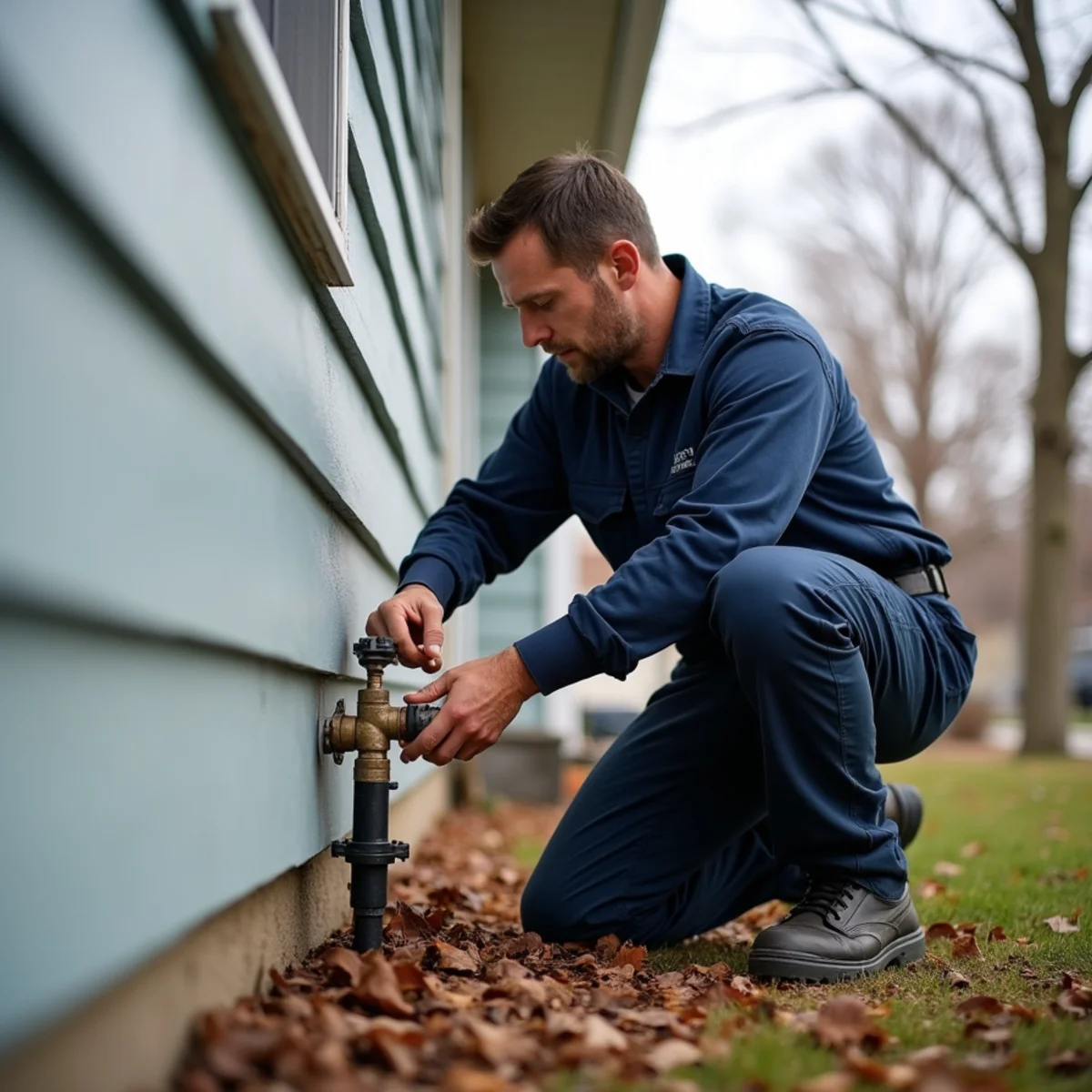 Plumber replacing a frost-free outdoor hose bib on the exterior wall of a Lake in the Hills home