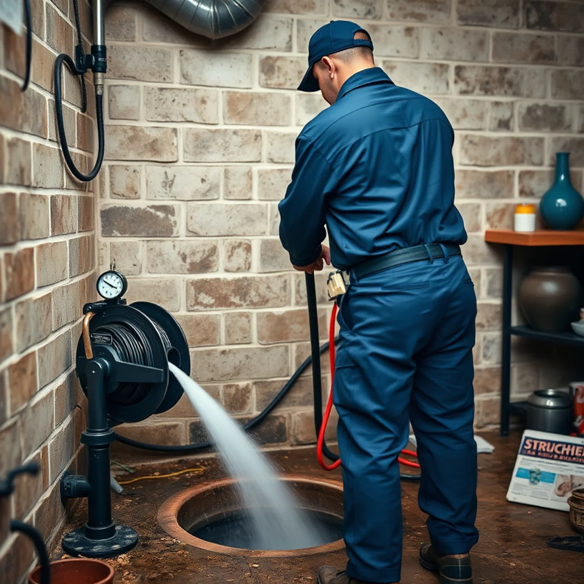 Plumber operating a hydro jetter on a mineral-scaled main line in a Lake in the Hills home