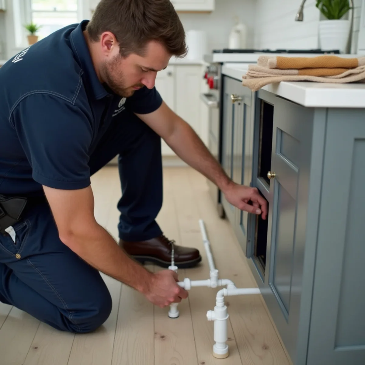 Plumber running island drain and vent rough-in during a Lake in the Hills kitchen remodel