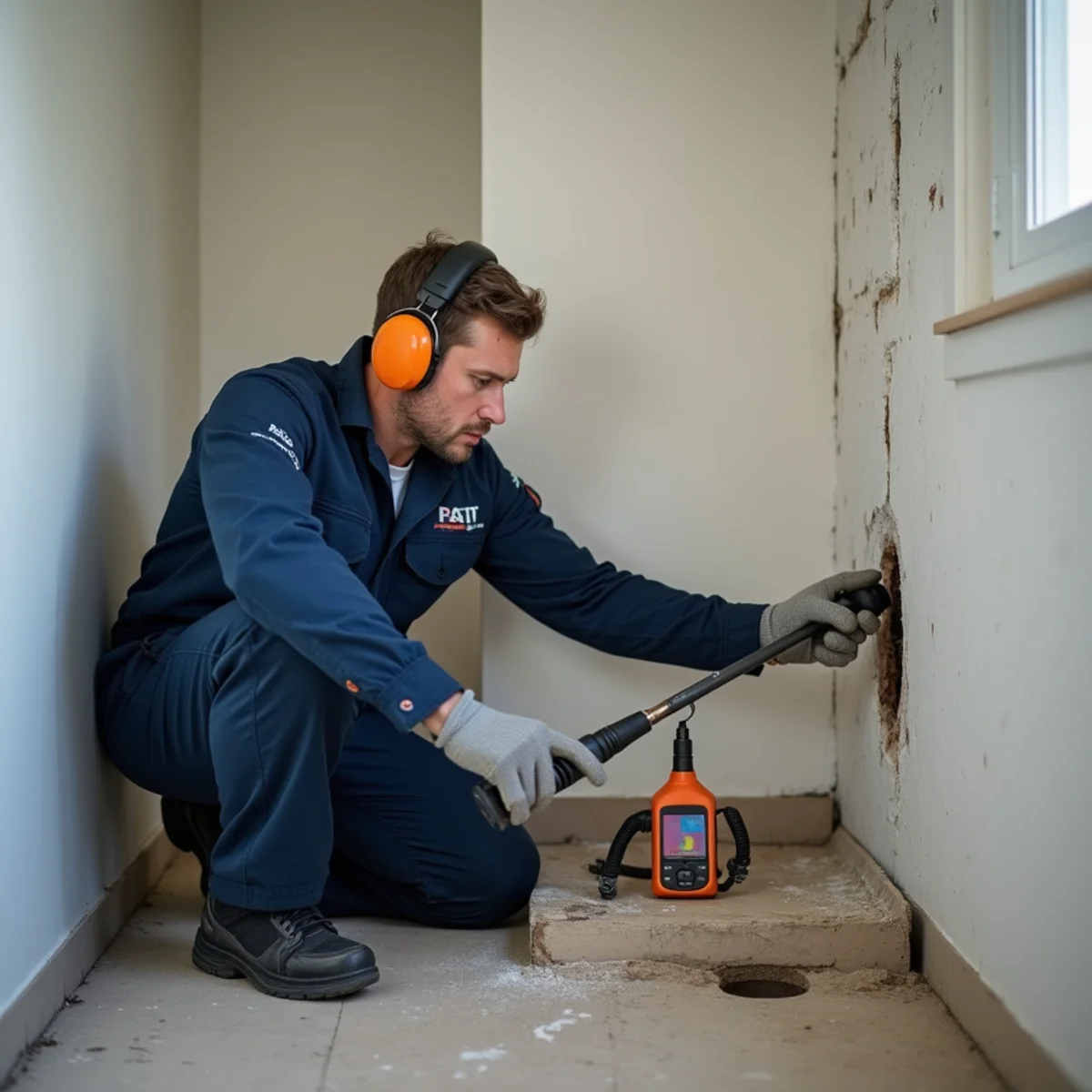 Plumber locating a hidden water leak inside a Lake in the Hills home wall with acoustic equipment