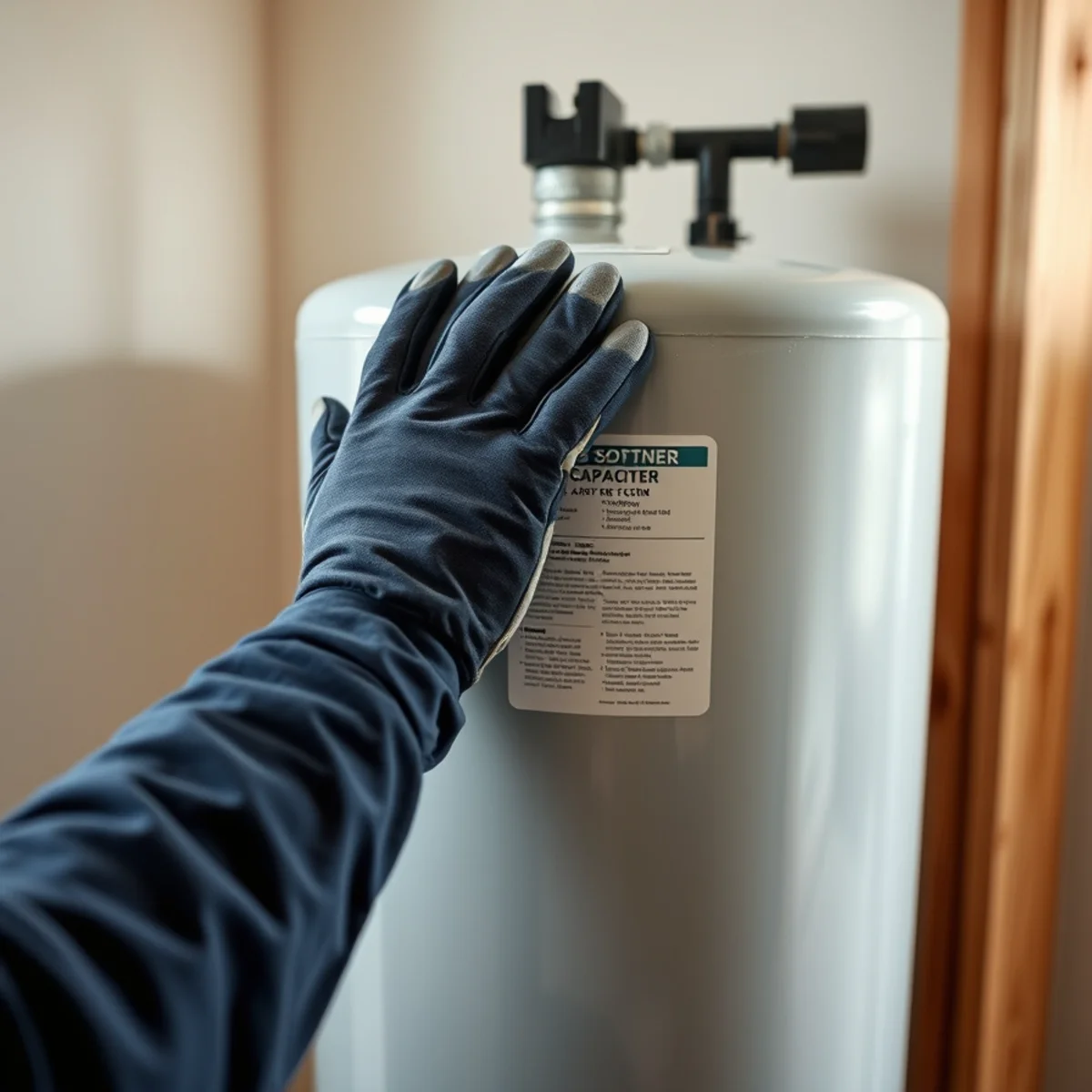 Capacity label on a builder-installed water softener in a new home