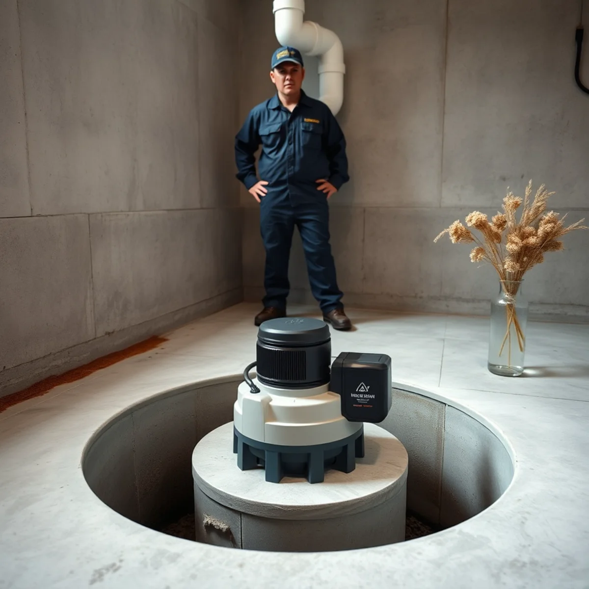 Builder-grade sump pump in the pit of a newly built Huntley basement