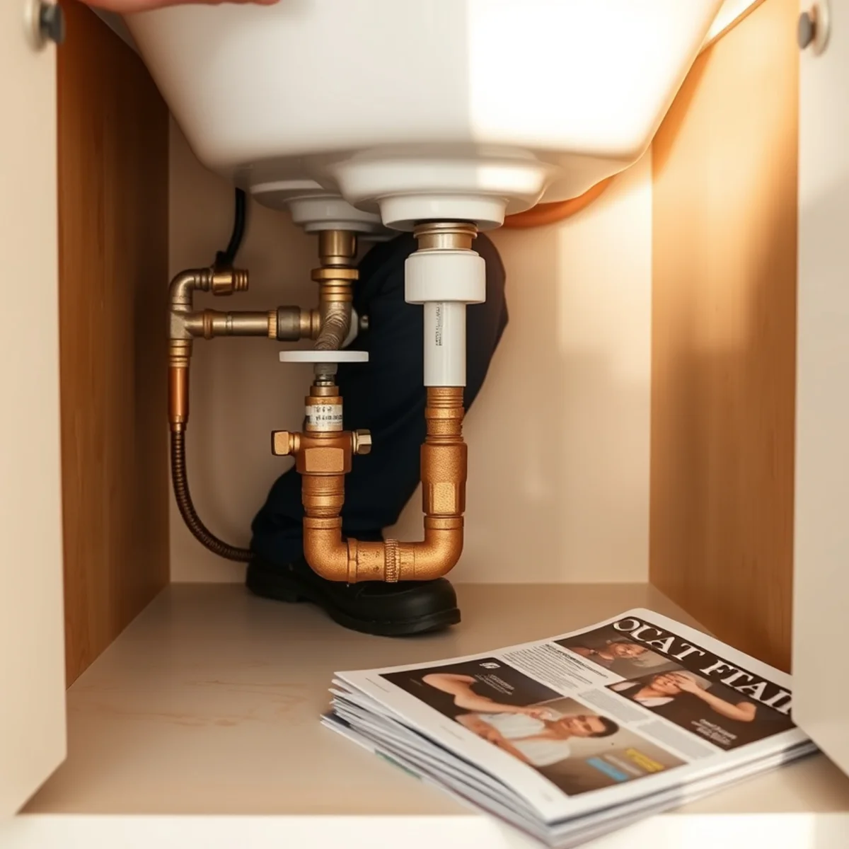 New quarter-turn shutoff valves under a sink in a new construction home