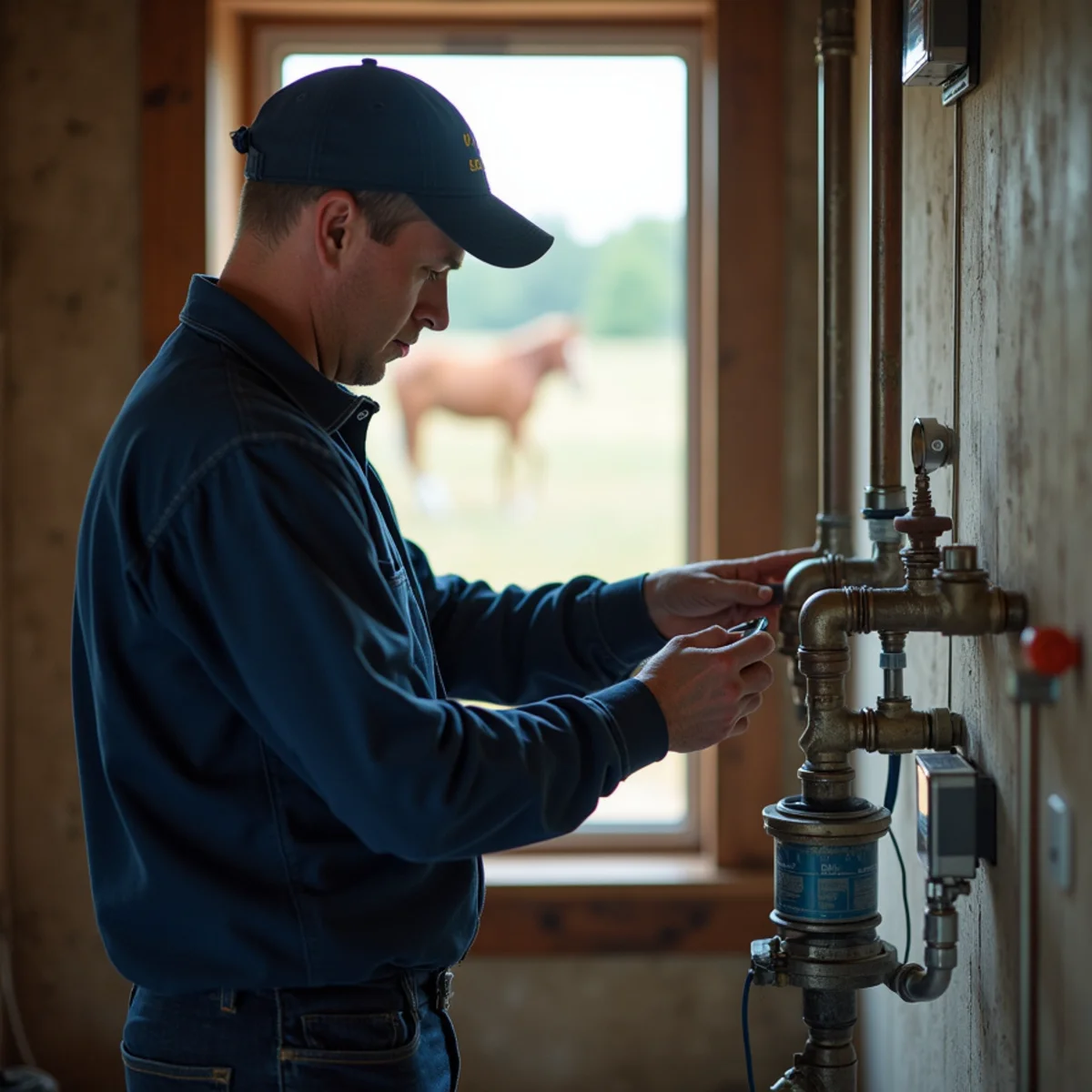 Plumber servicing a well and water treatment system at a Bull Valley, Illinois estate