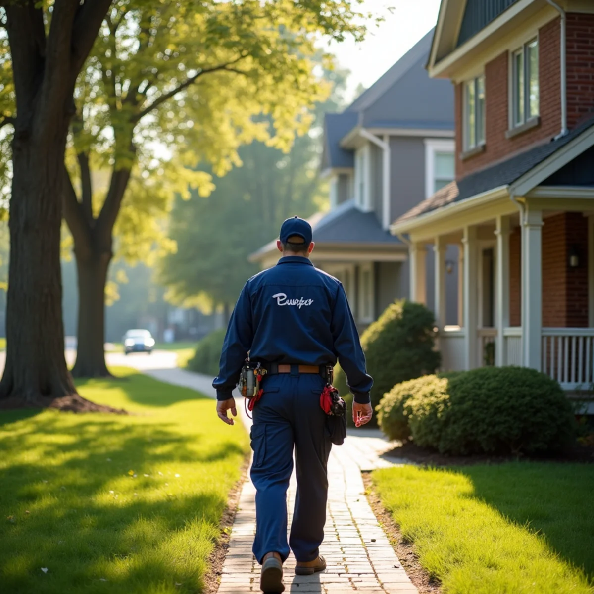 Plumber arriving at a home in a mature Crystal Lake, Illinois neighborhood