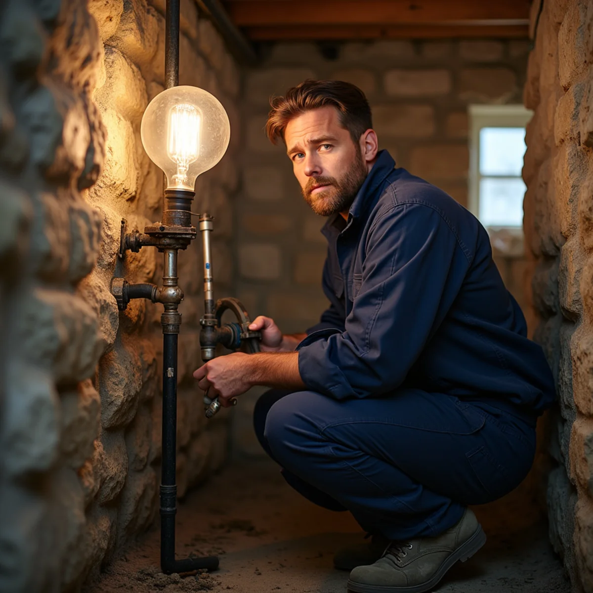 Plumber servicing an older home near the Fox River in East Dundee, Illinois