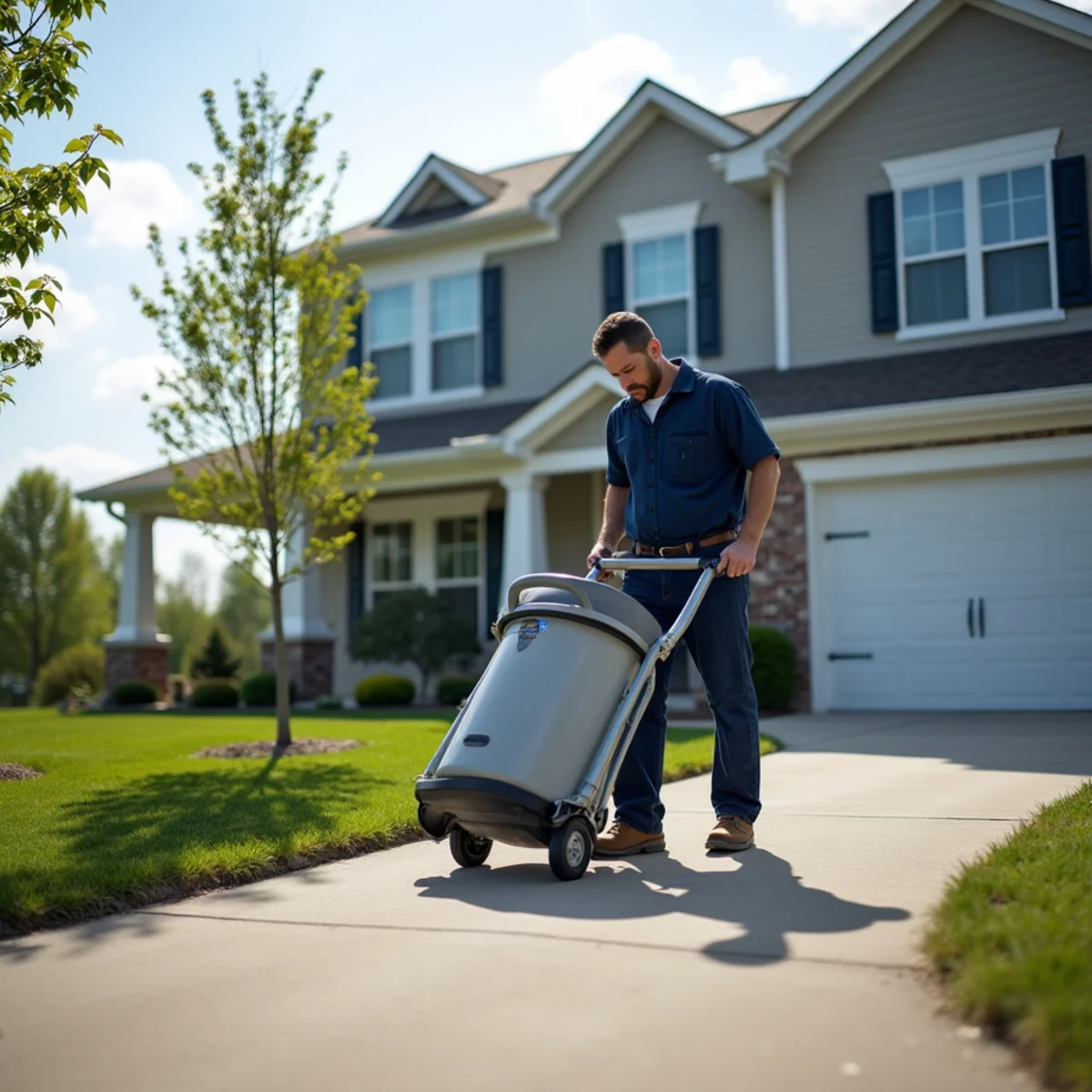 Plumber servicing a newer subdivision home in Gilberts, Illinois