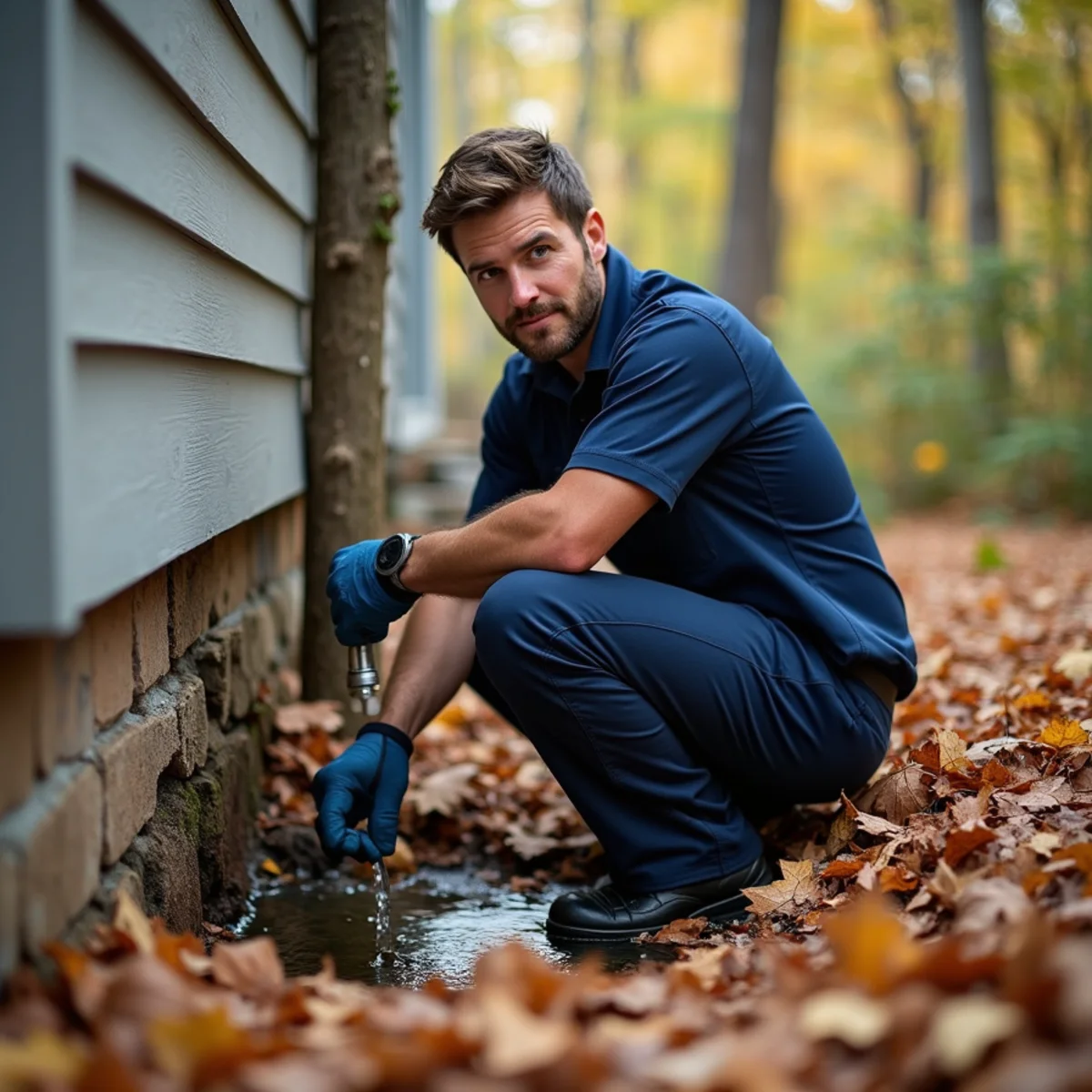 Plumber working at an older lake-community home in Oakwood Hills, Illinois