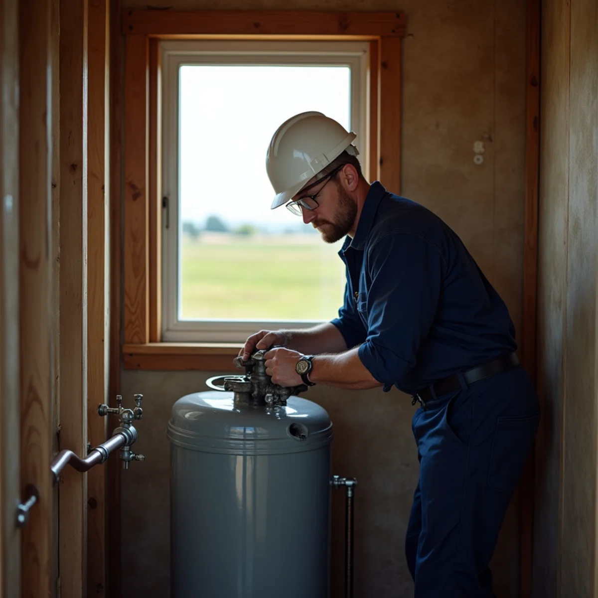Plumber servicing a rural property in Prairie Grove, Illinois