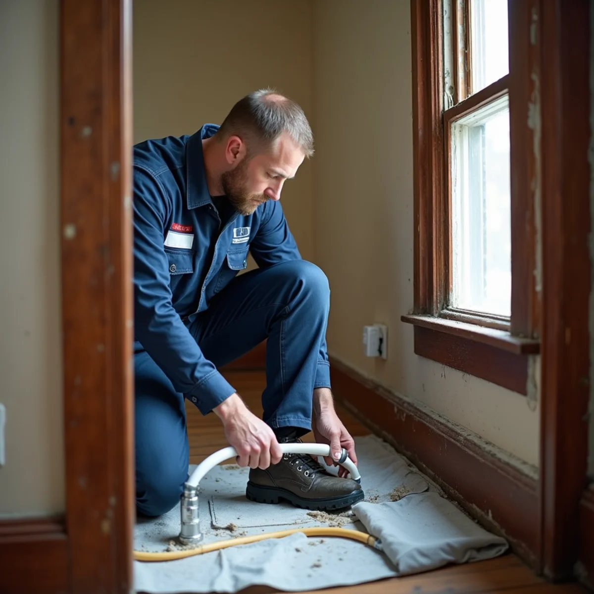 Plumber working on a historic home near the Woodstock Square in Illinois