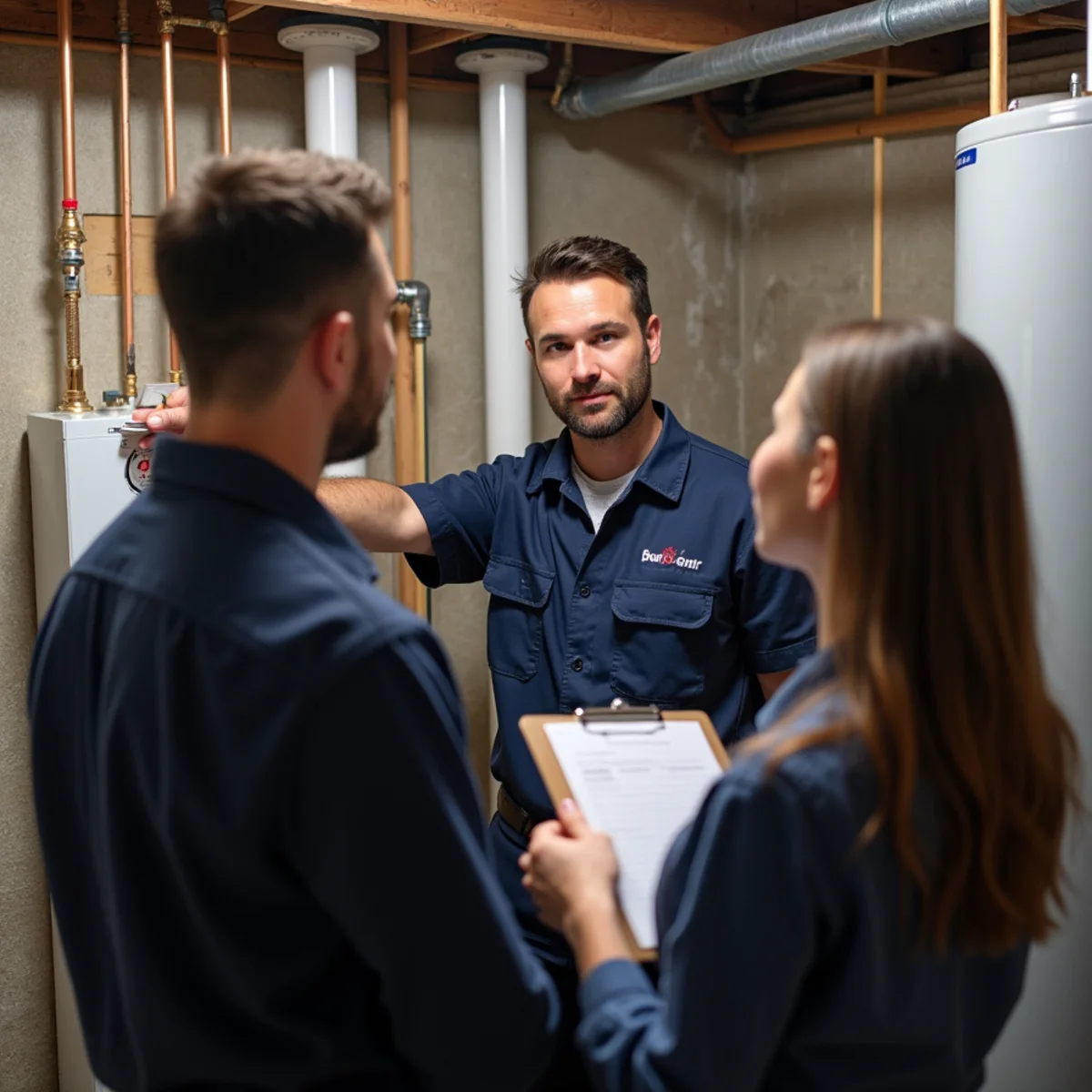 Homebuyer and plumber inspecting the water heater and softener in a Lake in the Hills basement