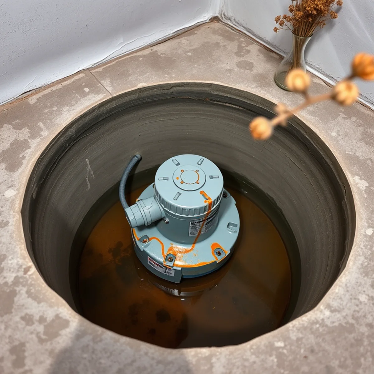 Original builder-grade sump pump in an ageing basement pit