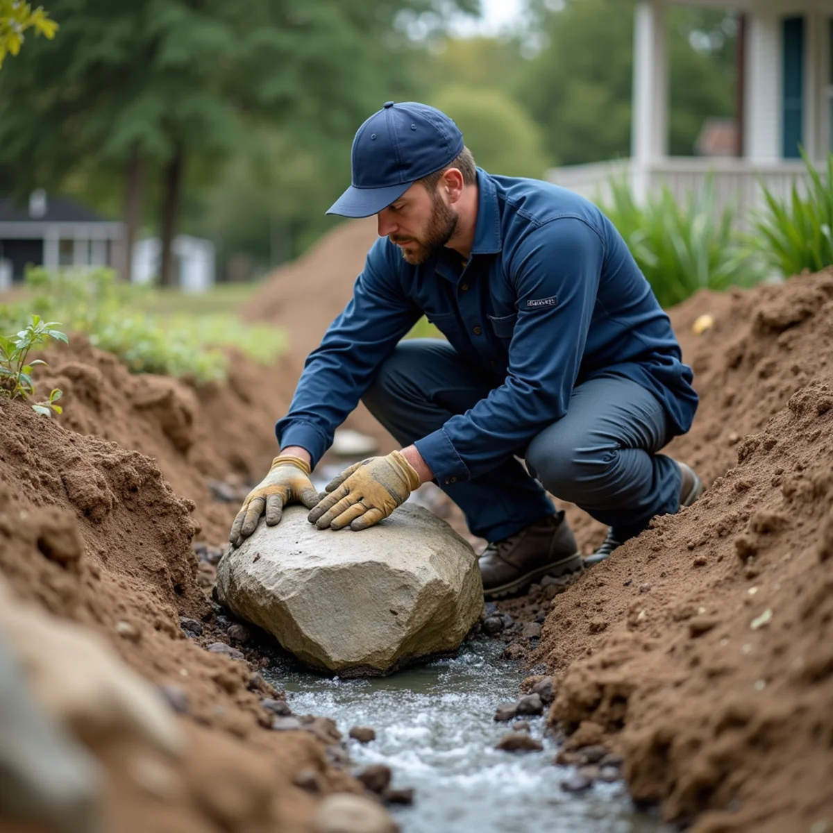 Pond builder setting boulders on a new backyard waterfall in Lake in the Hills