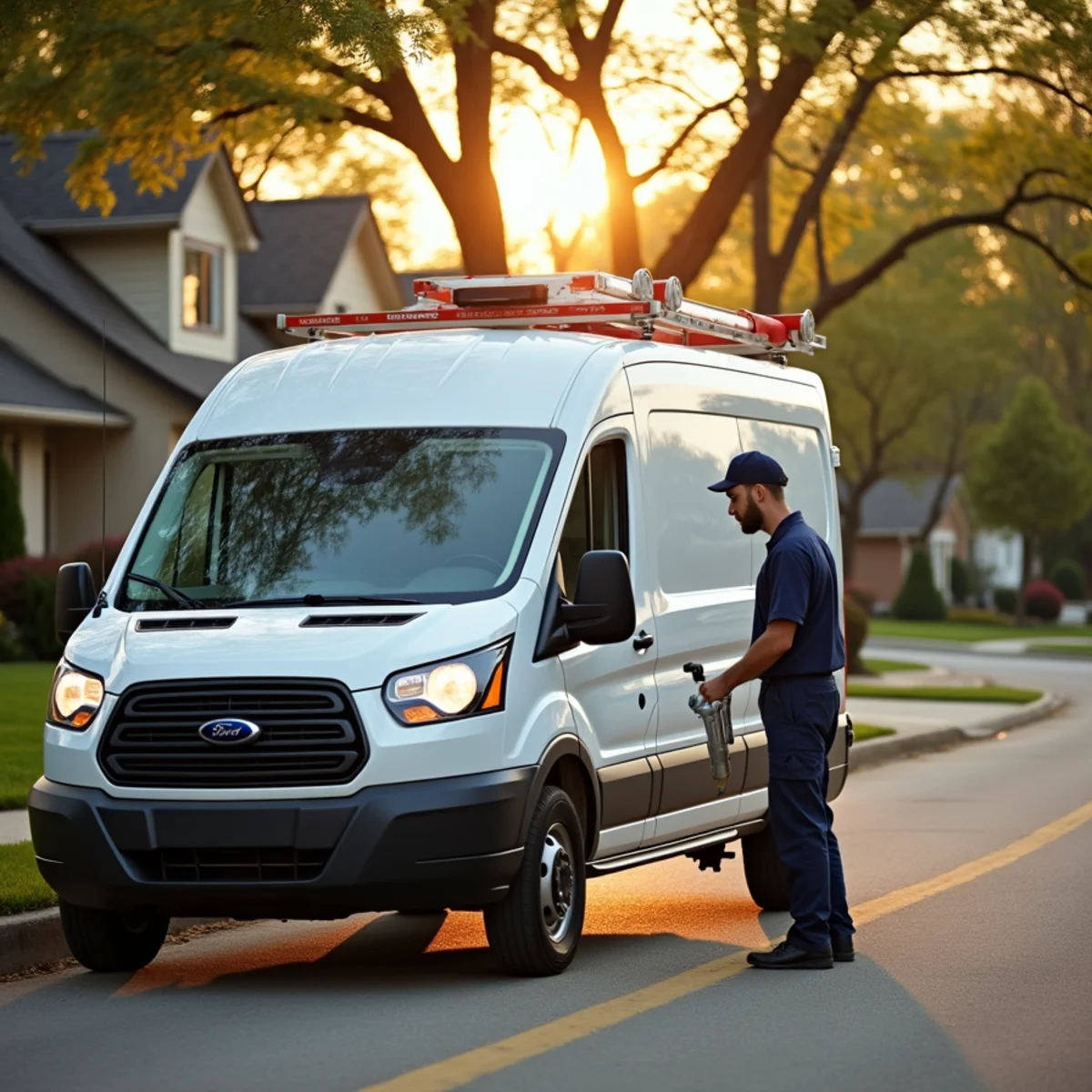 Plumbing service van on a residential street in McHenry County, Illinois