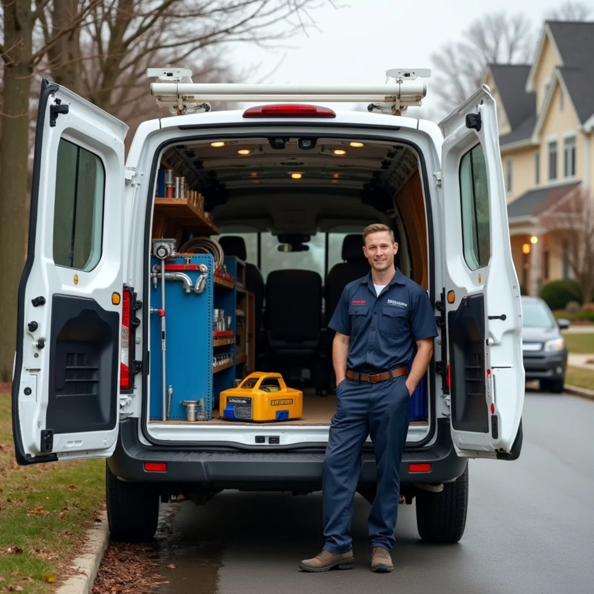 Licensed plumber's van and tools at a residential job in Lake in the Hills, Illinois