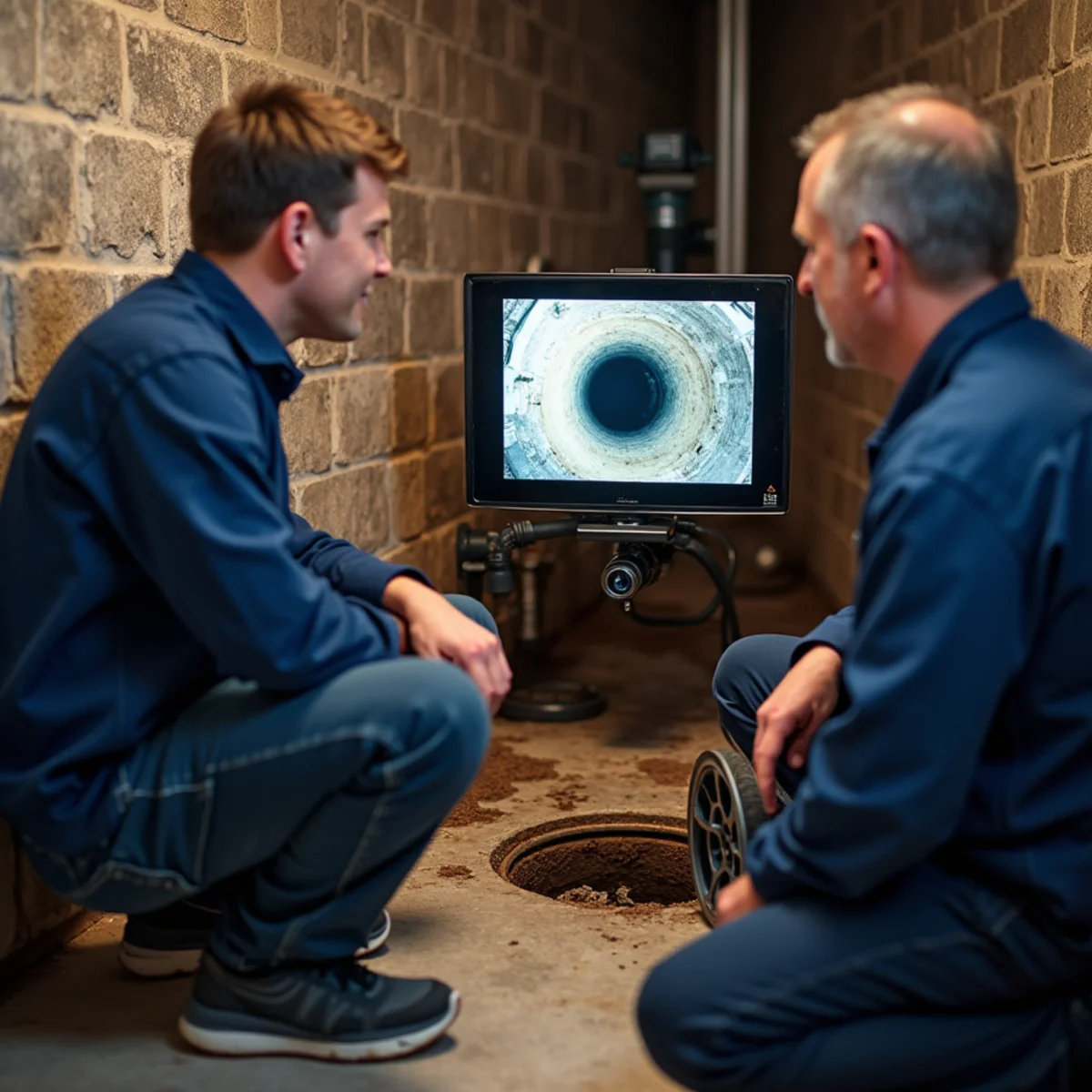 Plumber and homeowner watching a sewer camera monitor during an inspection in Lake in the Hills
