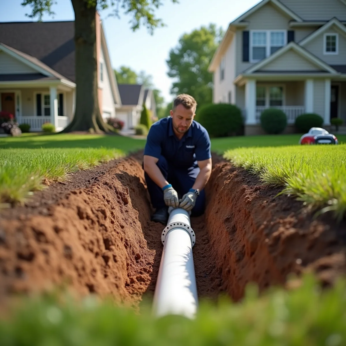 Excavated trench exposing a failed sewer lateral during a repair in Lake in the Hills