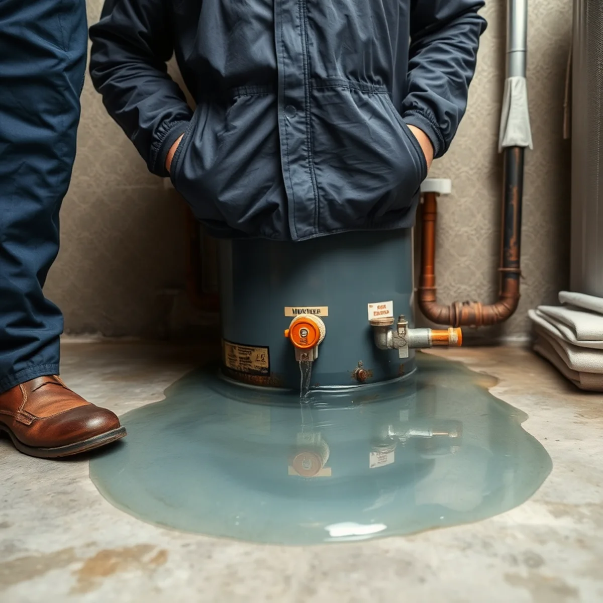 Water pooling on the floor at the base of a failing water heater