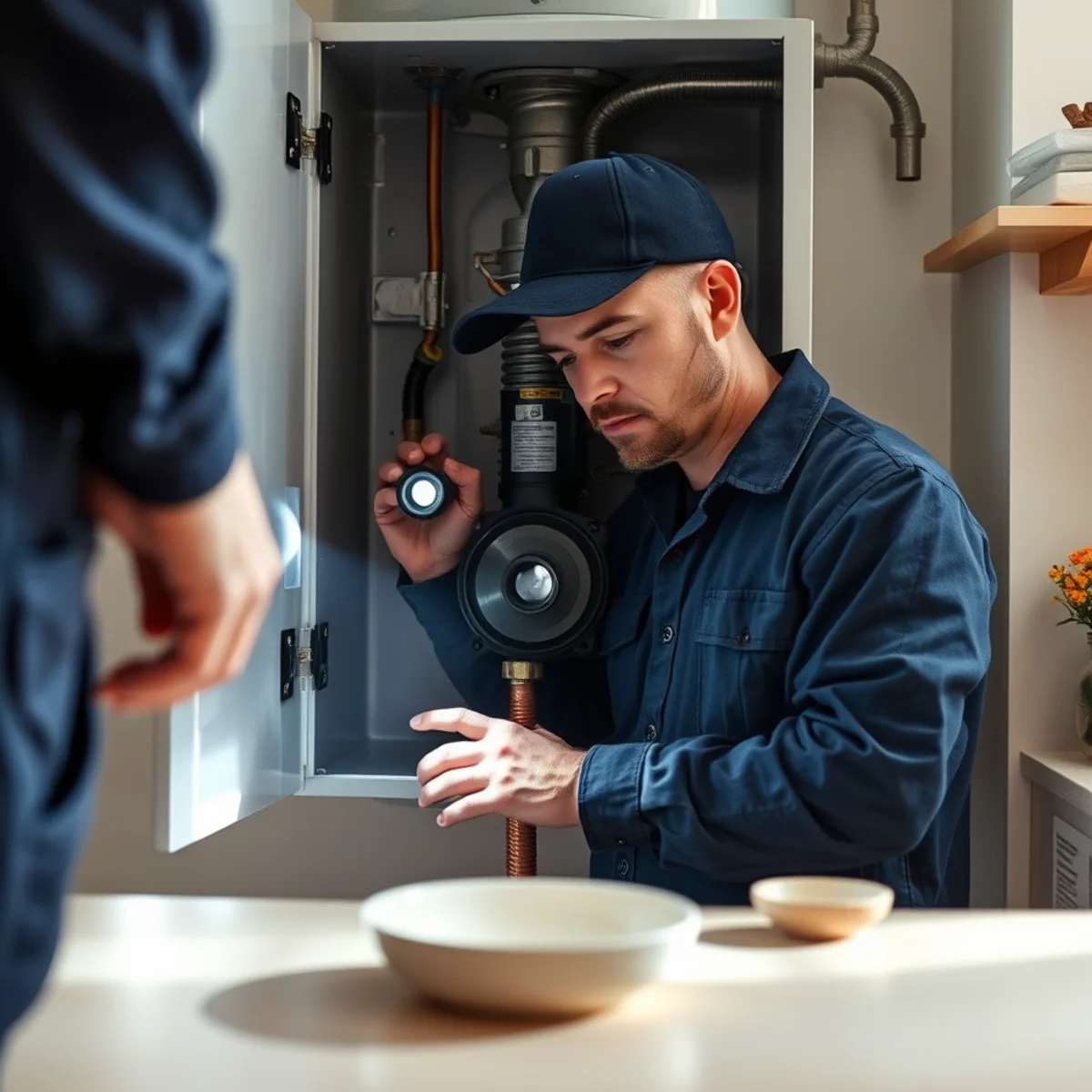 Plumber inspecting a water heater burner assembly that will not stay lit