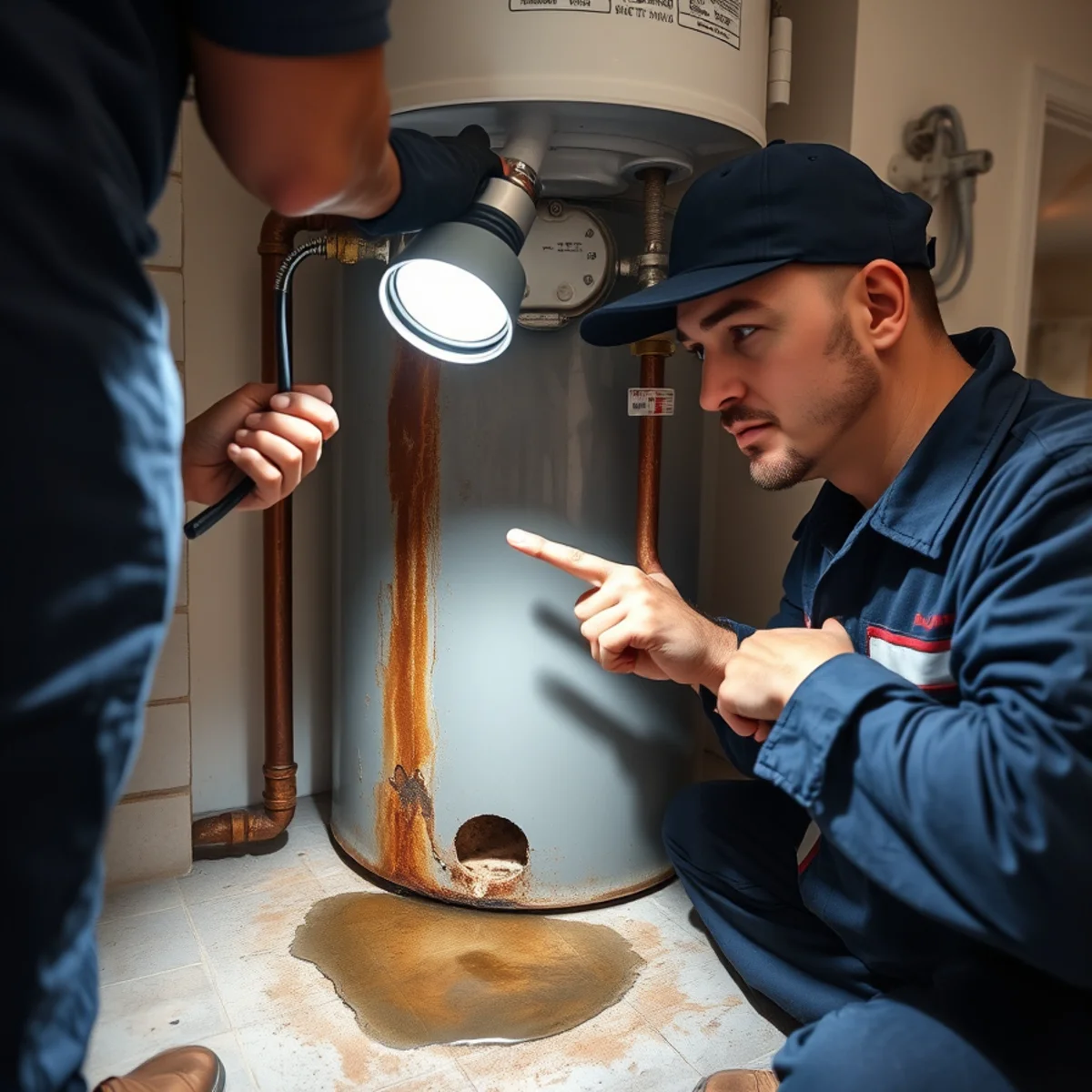 Plumber inspecting a failing water heater in a Lake in the Hills basement