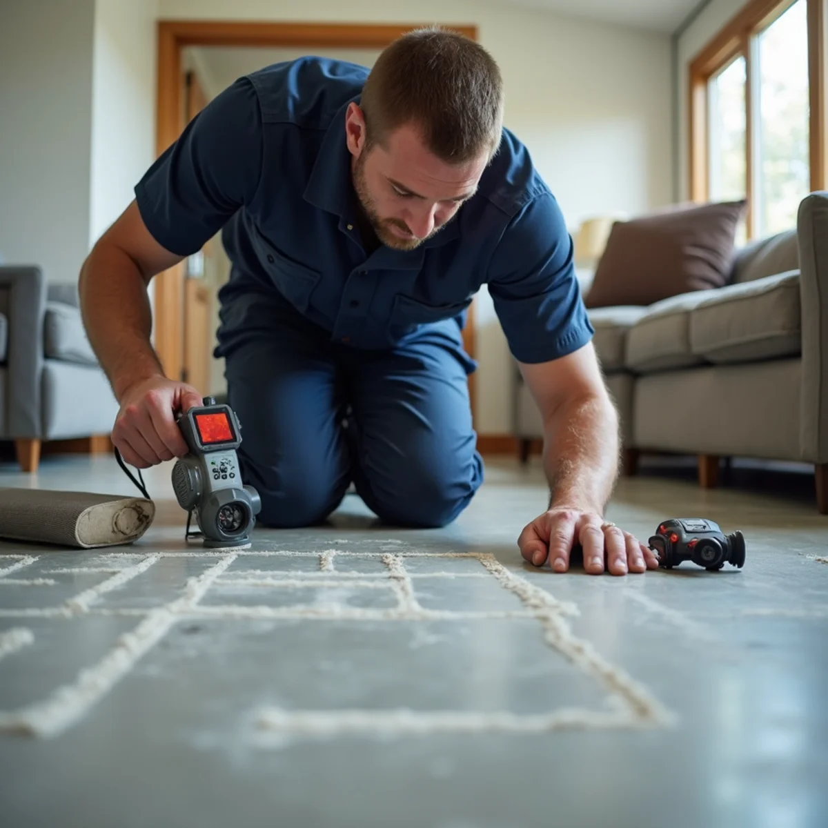 Plumber using electronic leak detection equipment on a concrete slab floor in Lake in the Hills