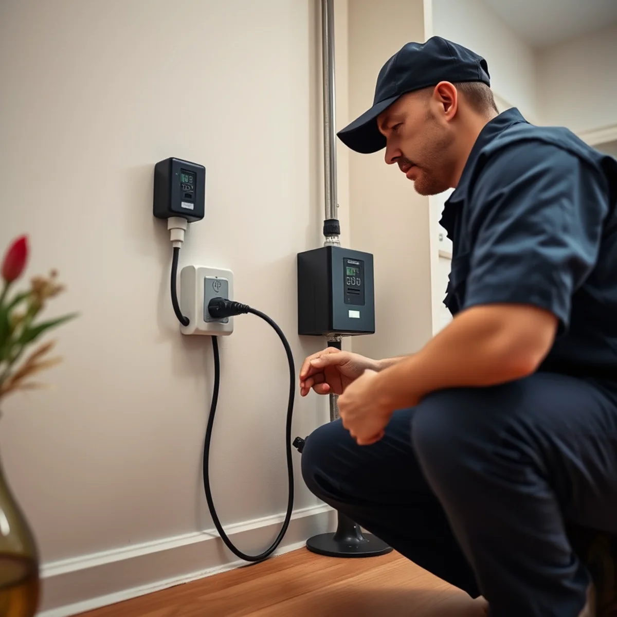 Plumber testing a battery backup sump pump with the primary unplugged