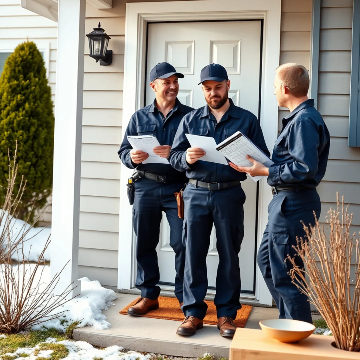 Plumber and homeowner scheduling spring plumbing maintenance at the door