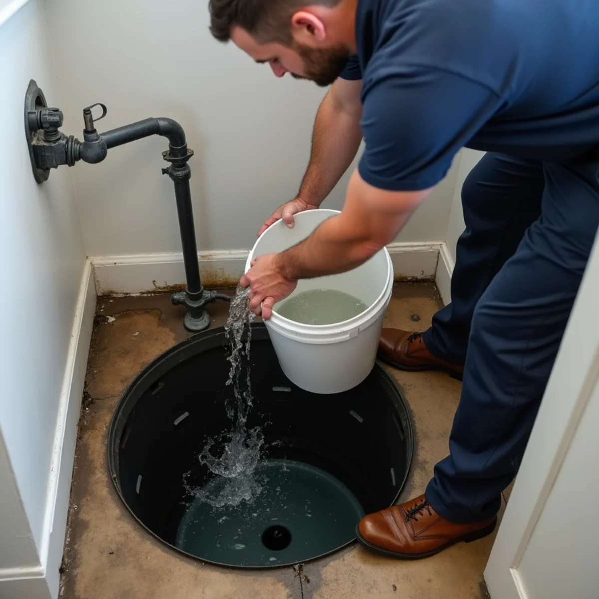 Plumber testing a new sump pump and battery backup in a Lake in the Hills basement pit