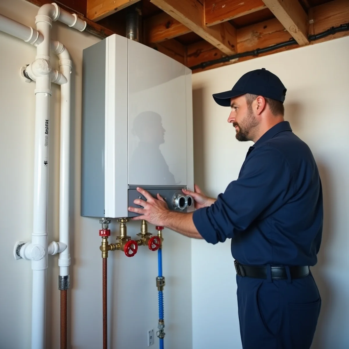 Wall-mounted tankless water heater with isolation valves installed in a Lake in the Hills home