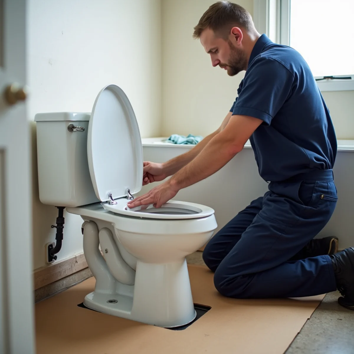 Plumber setting a new toilet on a fresh wax ring in a Lake in the Hills bathroom
