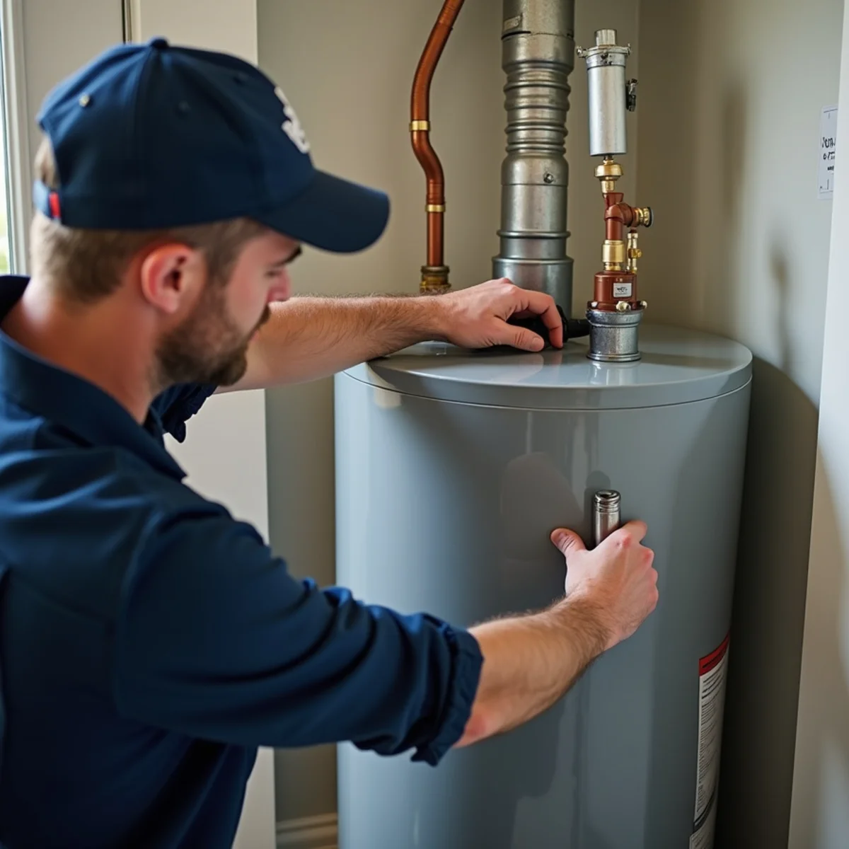 Plumber connecting a new gas water heater in a Lake in the Hills utility room