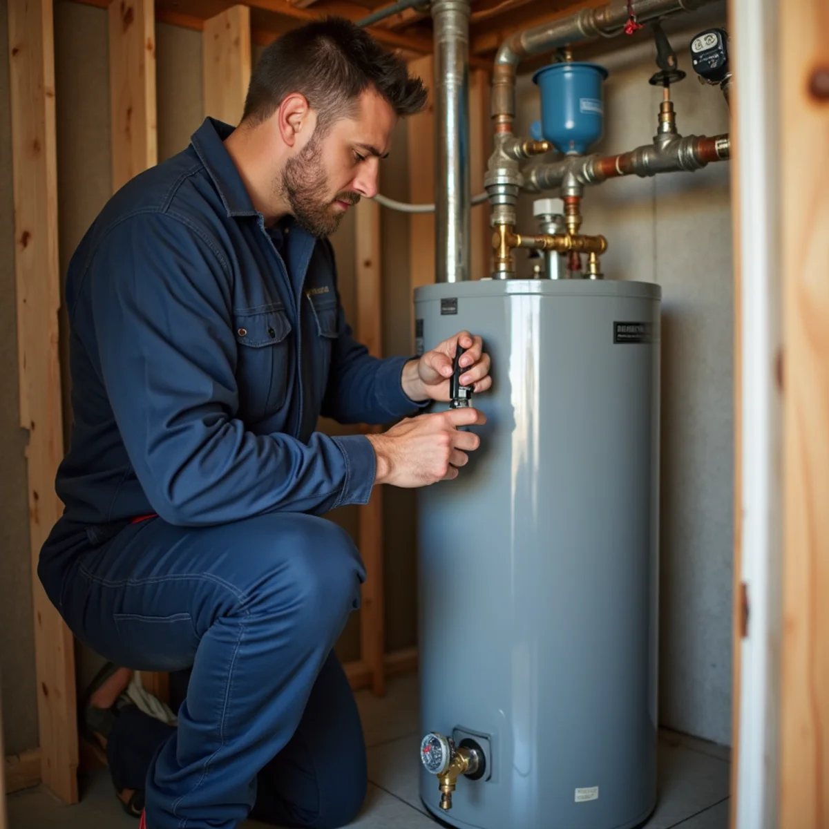 Plumber installing a new 50 gallon gas water heater in a Lake in the Hills utility room