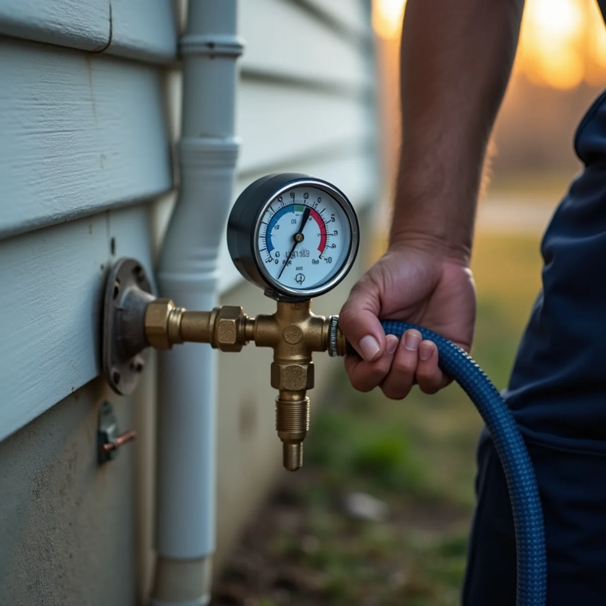 Plumber testing household water pressure at a hose bib gauge in Lake in the Hills