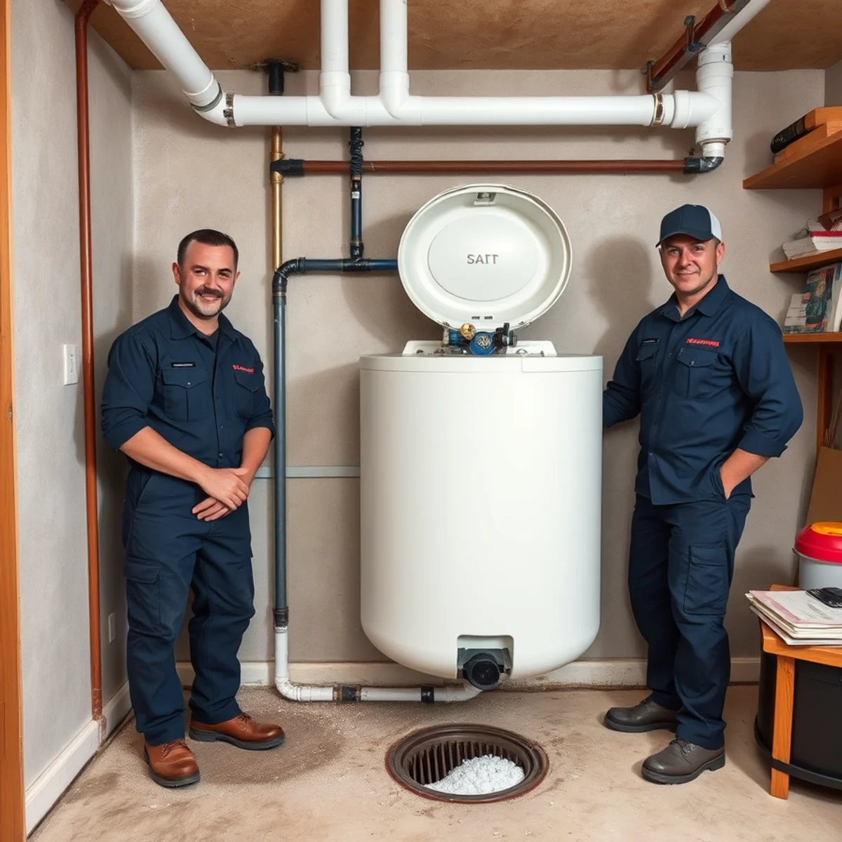 Newly installed whole-home water softener and brine tank in a Lake in the Hills basement